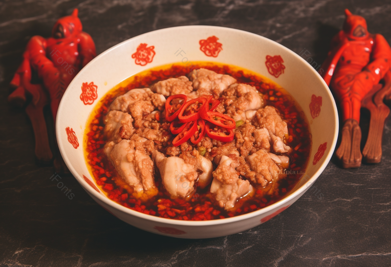 美味的香辣脑花被装载白色陶瓷碗里放在大理石桌上,高清,摄影图,摄影图片,图片大全,摄影图免费下载